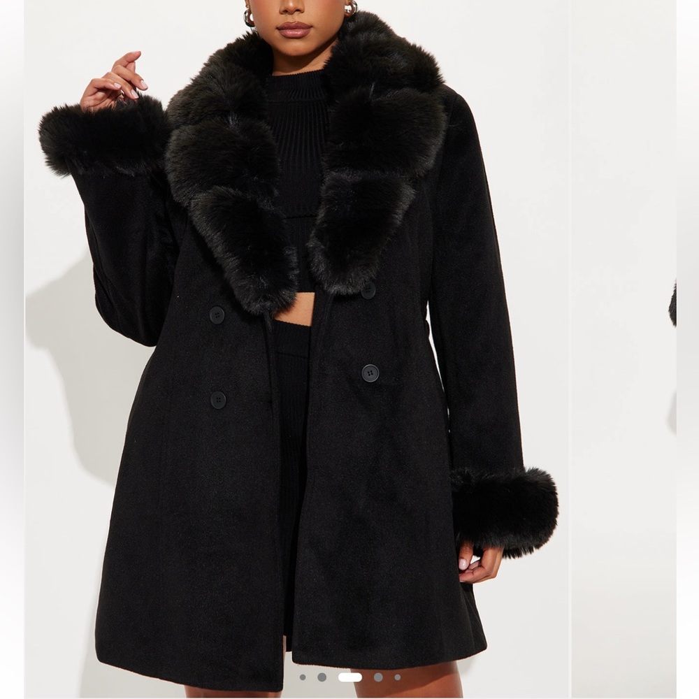 Fashion Nova Black Teddy Coat with Faux Fur Trim